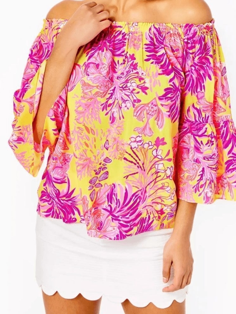 Lilly Pulitzer Nevie off-the-shoulder top in the Calla Yellow Floral Coral print